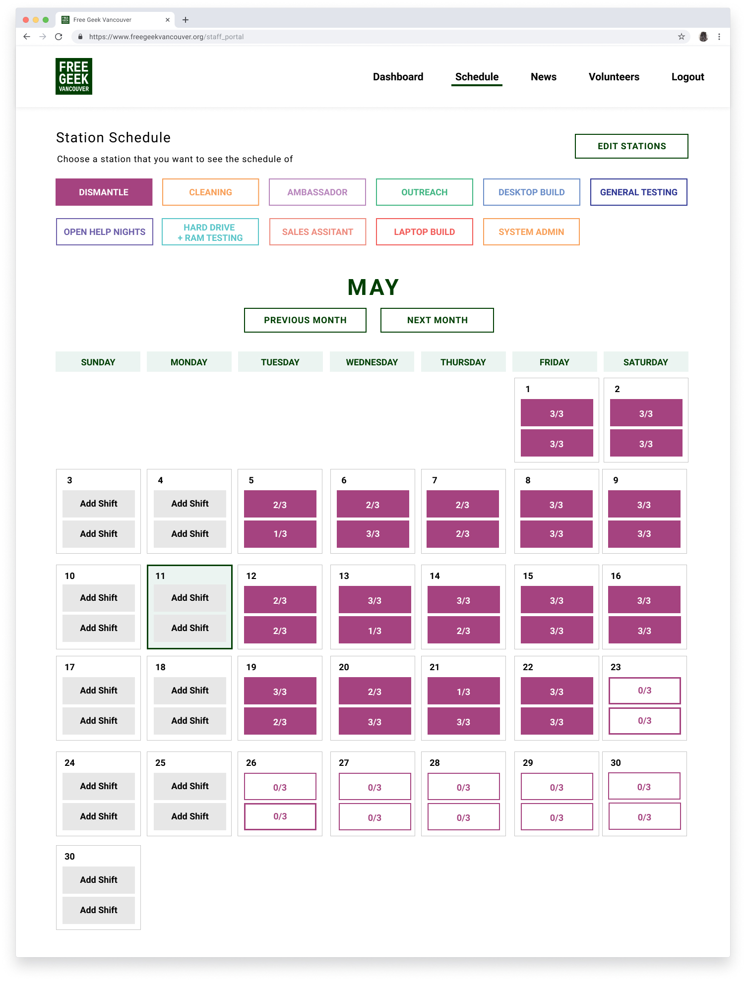 staff's schedule page